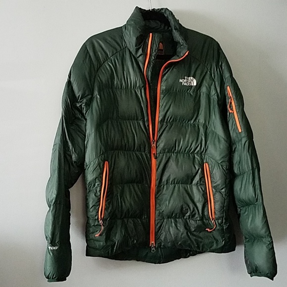green and orange north face jacket